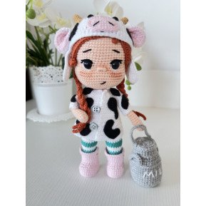 CROCHET MILKY DOLL , Handmade doll with red hair , Amigurumi doll, crochet doll with cow clothes and milk bottle