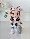 CROCHET MILKY DOLL , Handmade doll with red hair , Amigurumi doll, crochet doll with cow clothes and milk bottle