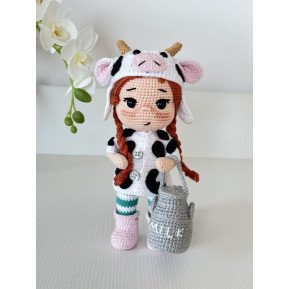 CROCHET MILKY DOLL , Handmade doll with red hair , Amigurumi doll, crochet doll with cow clothes and milk bottle