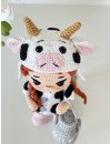 CROCHET MILKY DOLL , Handmade doll with red hair , Amigurumi doll, crochet doll with cow clothes and milk bottle