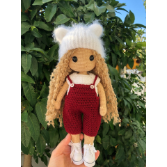 Custom Crochet Blonde Doll with Red Overalls