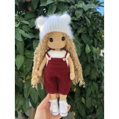 Custom Crochet Blonde Doll with Red Overalls