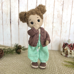 Custom Crochet Doll with Curly Brunette Hair in Turquoise Overalls