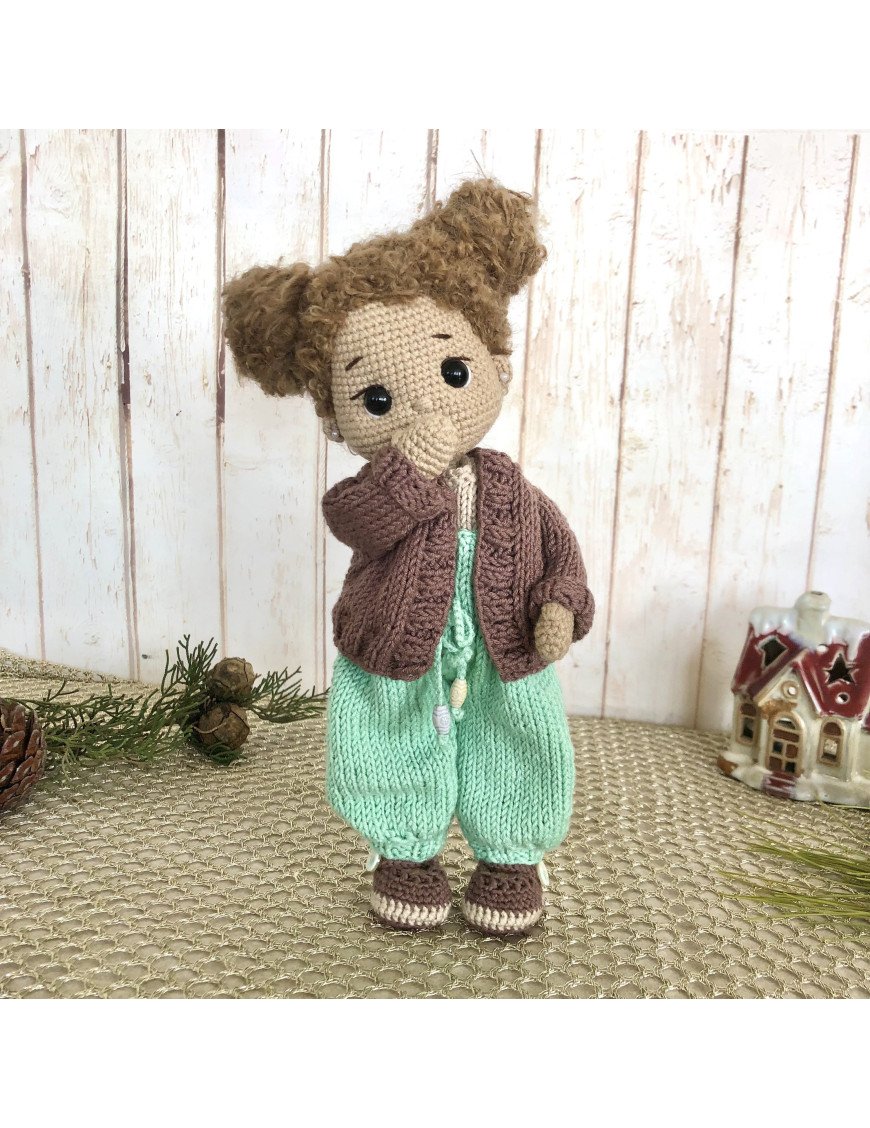 Custom Crochet Doll with Curly Brunette Hair in Turquoise Overalls