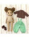 Custom Crochet Doll with Curly Brunette Hair in Turquoise Overalls