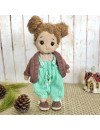 Custom Crochet Doll with Curly Brunette Hair in Turquoise Overalls