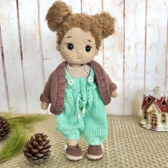 Custom Crochet Doll with Curly Brunette Hair in Turquoise Overalls