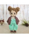 Custom Crochet Doll with Curly Brunette Hair in Turquoise Overalls