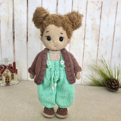 Custom Crochet Doll with Curly Brunette Hair in Turquoise Overalls