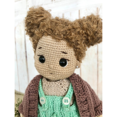 Custom Crochet Doll with Curly Brunette Hair in Turquoise Overalls