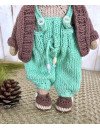 Custom Crochet Doll with Curly Brunette Hair in Turquoise Overalls