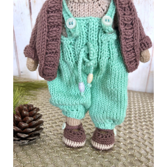 Custom Crochet Doll with Curly Brunette Hair in Turquoise Overalls