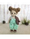 Custom Crochet Doll with Curly Brunette Hair in Turquoise Overalls