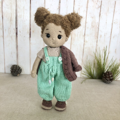 Custom Crochet Doll with Curly Brunette Hair in Turquoise Overalls