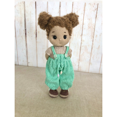 Custom Crochet Doll with Curly Brunette Hair in Turquoise Overalls