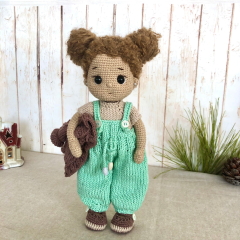 Custom Crochet Doll with Curly Brunette Hair in Turquoise Overalls