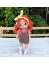 Custom Crochet Doll with Curly Red Hair and Freckled in Brown Dress and Pink T-Shirt