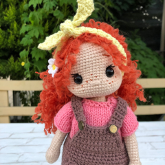 Custom Crochet Doll with Curly Red Hair and Freckled in Brown Dress and Pink T-Shirt