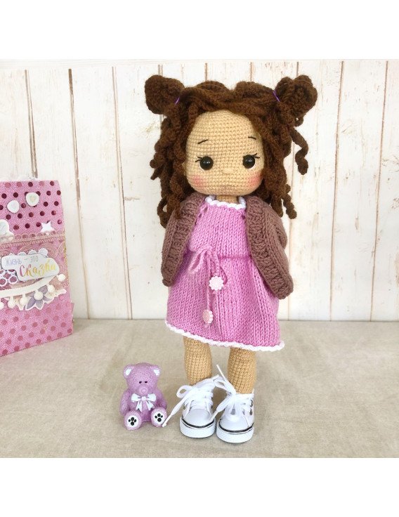 Crochet Braided Brown Hair Doll in Pink Dress and Jacket