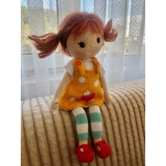 Crochet Red Hair Toy with Orange Dress and Striped Clothes