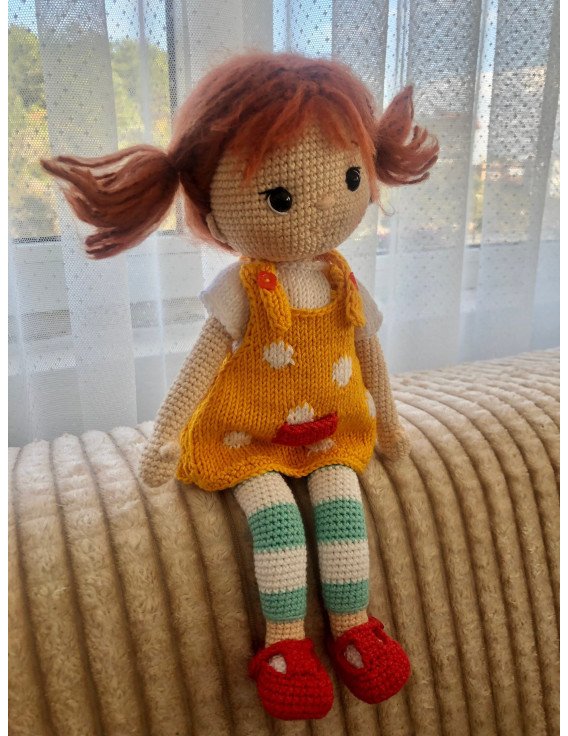 Crochet Red Hair Toy with Orange Dress and Striped Clothes