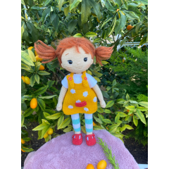 Crochet Red Hair Toy with Orange Dress and Striped Clothes