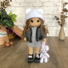 Custom Crochet Doll with Curly Brown Hair and Gray Clothes and Cute Rabbit Toy