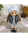 Custom Crochet Doll with Curly Brown Hair and Gray Clothes and Cute Rabbit Toy