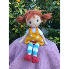 Crochet Red Hair Toy with Orange Dress and Striped Clothes