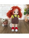 Crochet Doll with Curly Red Hair and Freckled in Brown Dress and Yellow Shirt