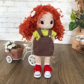 Crochet Doll with Curly Red Hair and Freckled in Brown Dress and Yellow Shirt