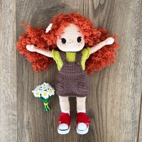 Crochet Doll with Curly Red Hair and Freckled in Brown Dress and Yellow Shirt