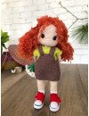 Crochet Doll with Curly Red Hair and Freckled in Brown Dress and Yellow Shirt