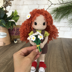 Crochet Doll with Curly Red Hair and Freckled in Brown Dress and Yellow Shirt