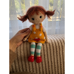 Crochet Red Hair Toy with Orange Dress and Striped Clothes