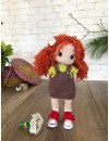 Crochet Doll with Curly Red Hair and Freckled in Brown Dress and Yellow Shirt