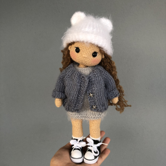 Custom Crochet Doll with Brown Hair and Gray Clothes