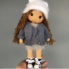 Custom Crochet Doll with Brown Hair and Gray Clothes