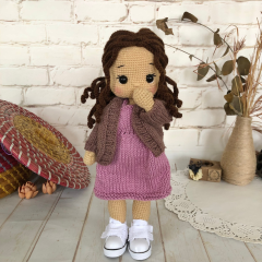 Custom Crochet Braided Brown Hair Doll in Pink Dress