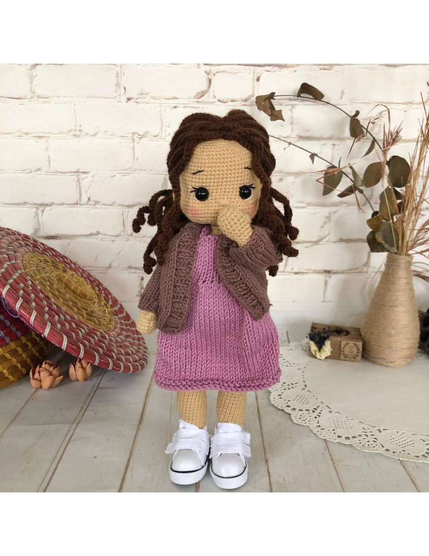 Custom Crochet Braided Brown Hair Doll in Pink Dress