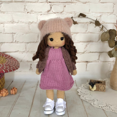 Custom Crochet Braided Brown Hair Doll in Pink Dress