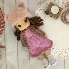 Custom Crochet Braided Brown Hair Doll in Pink Dress