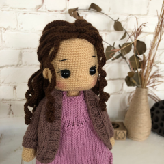 Custom Crochet Braided Brown Hair Doll in Pink Dress