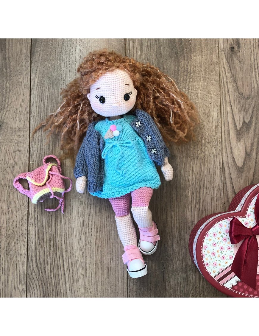 Stuffed Crochet Doll with Bendable Limbs and Curly Hair