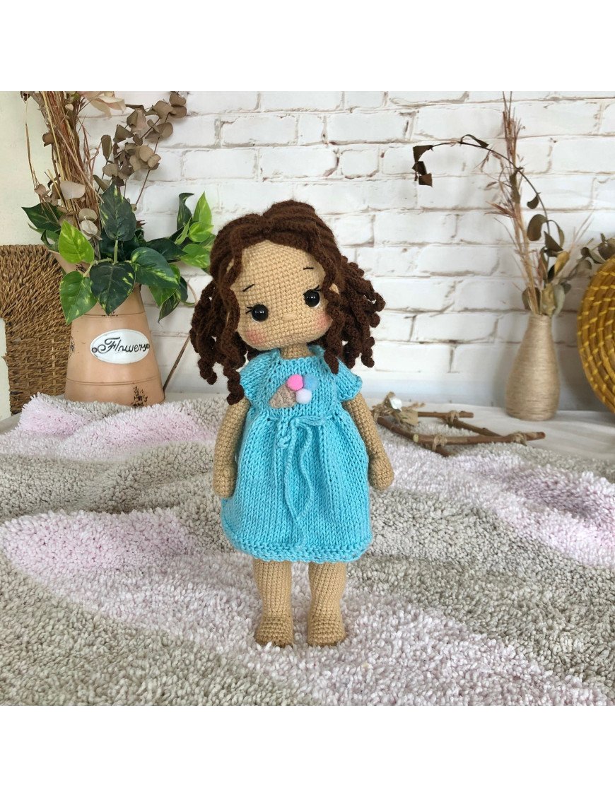 Meet the Braided Brown Hair Crochet Doll in a Blue Dress with Ice Cream  Print. Handmade Amigurumi Doll, Movable Limbs, READY To