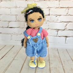 Custom Crochet Black Hair Doll with Blue Overalls