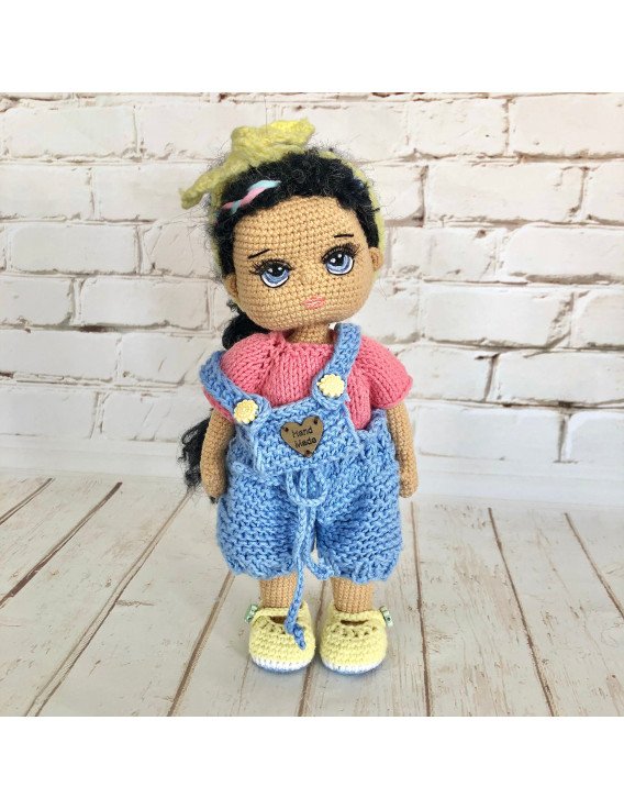 Custom Crochet Black Hair Doll with Blue Overalls