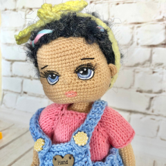 Custom Crochet Black Hair Doll with Blue Overalls