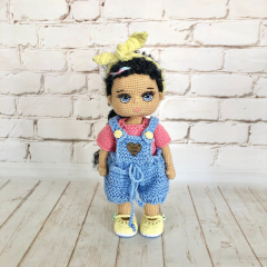 Custom Crochet Black Hair Doll with Blue Overalls