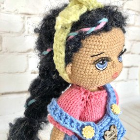 Custom Crochet Black Hair Doll with Blue Overalls